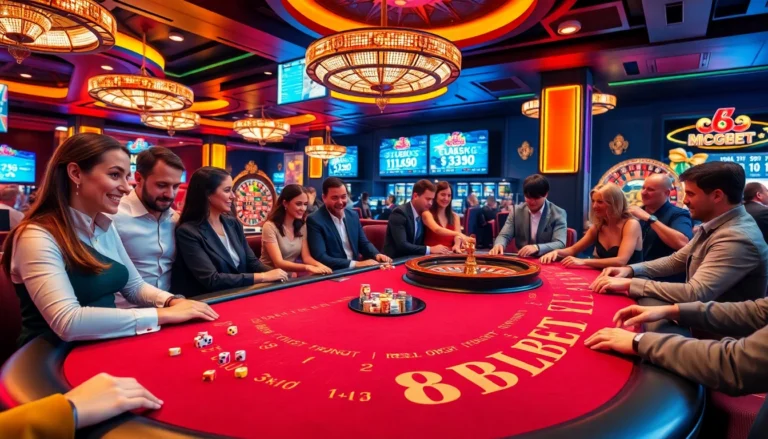 Exciting casino action with players enjoying F8 BET poker and blackjack games at a vibrant gaming table.