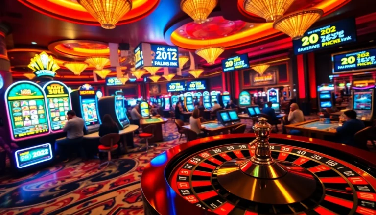 Experience the thrill of winning with the PH222 link at an exciting casino featuring a roulette wheel and vibrant slot machines.