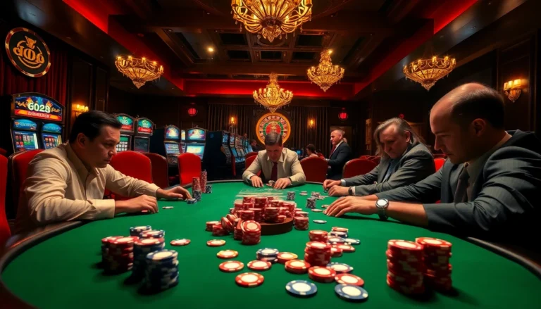 Experience high-stakes poker action at go8.com, featuring intense players and vibrant chips.