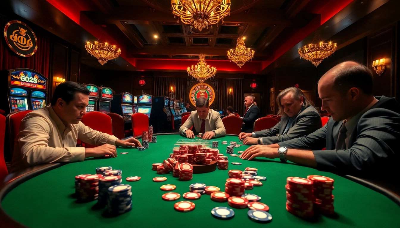 Experience high-stakes poker action at go8.com, featuring intense players and vibrant chips.