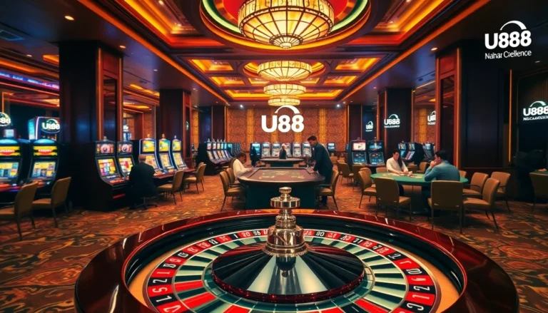 Experience the thrill of betting at Nhà Cái UU88 with vibrant casino tables and players enjoying their favorite games.