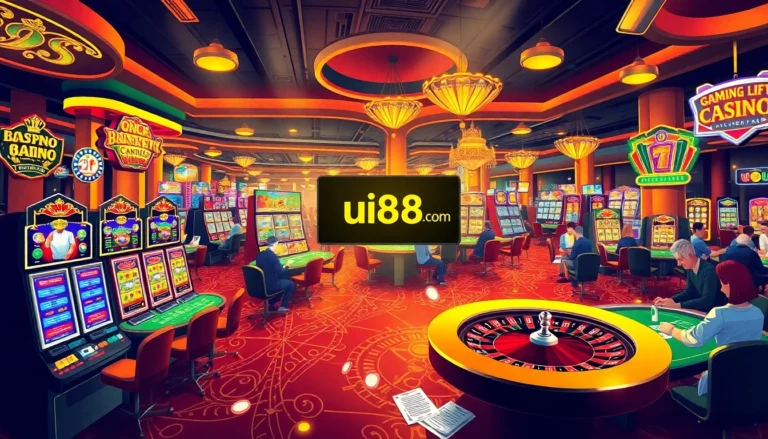 Experience the excitement of gambling with uu88.com at a lively casino featuring poker tables and slot machines.