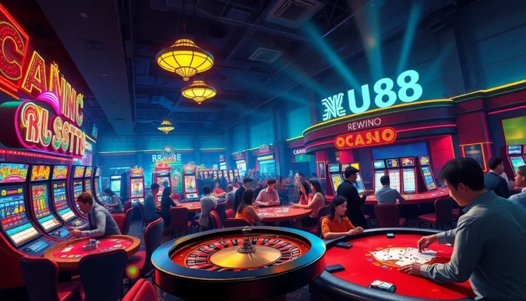 Energetic casino setting featuring Nhà Cái UU88, gamblers at roulette and slot machines engaging in thrilling bets.