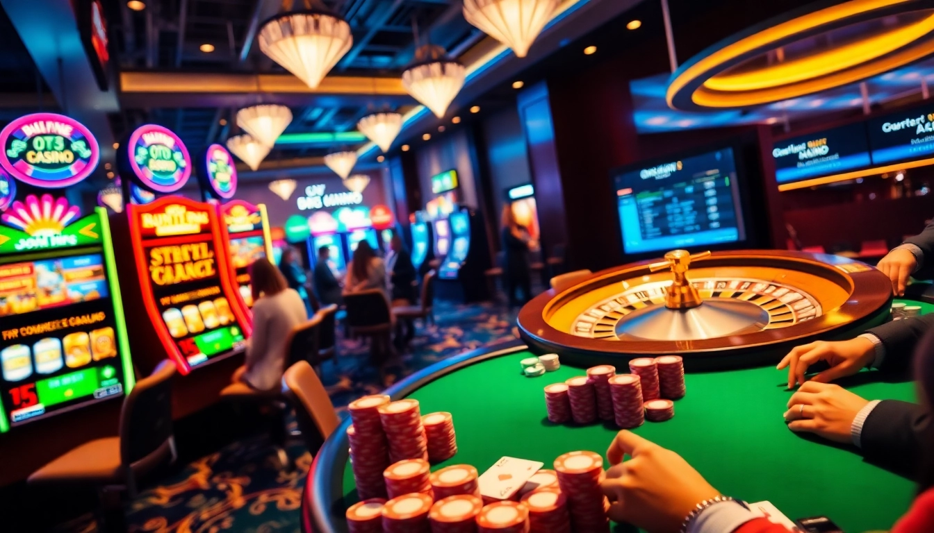 OKFUN Casino scene showcasing players enjoying poker at vibrant gaming tables.