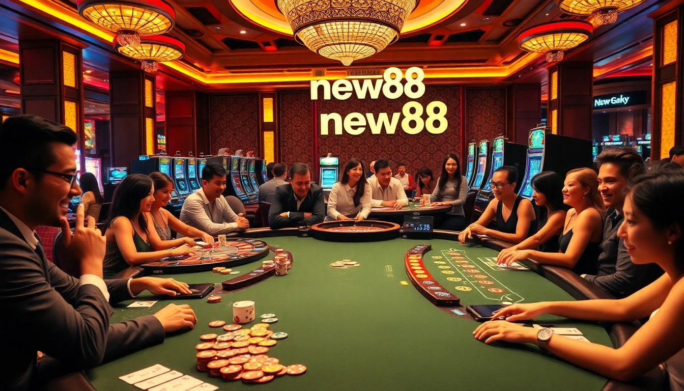 Players enjoying a thrilling game of Blackjack and Poker at new88 casino, surrounded by vibrant slot machines and a roulette wheel.