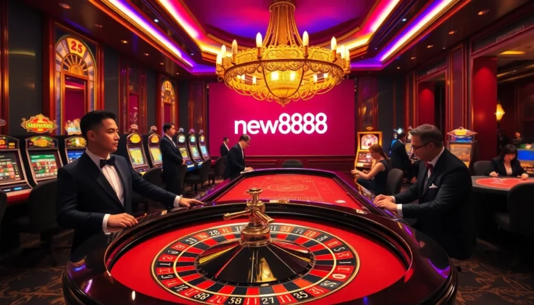 Players enjoying the excitement of new888 at a bustling casino table with vibrant roulette action.