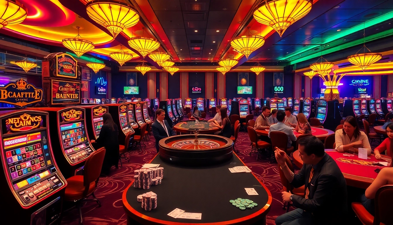 Experience the thrill of winning at new888 with players celebrating at a lively casino, surrounded by vibrant slot machines and roulette.