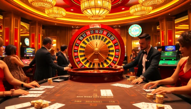 LC88 casino scene showcasing an exhilarating roulette table surrounded by enthusiastic players, capturing the essence of high-stakes gambling.