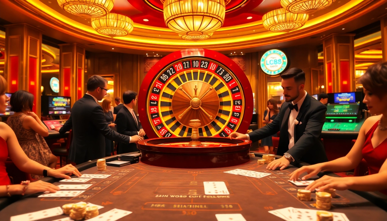 LC88 casino scene showcasing an exhilarating roulette table surrounded by enthusiastic players, capturing the essence of high-stakes gambling.