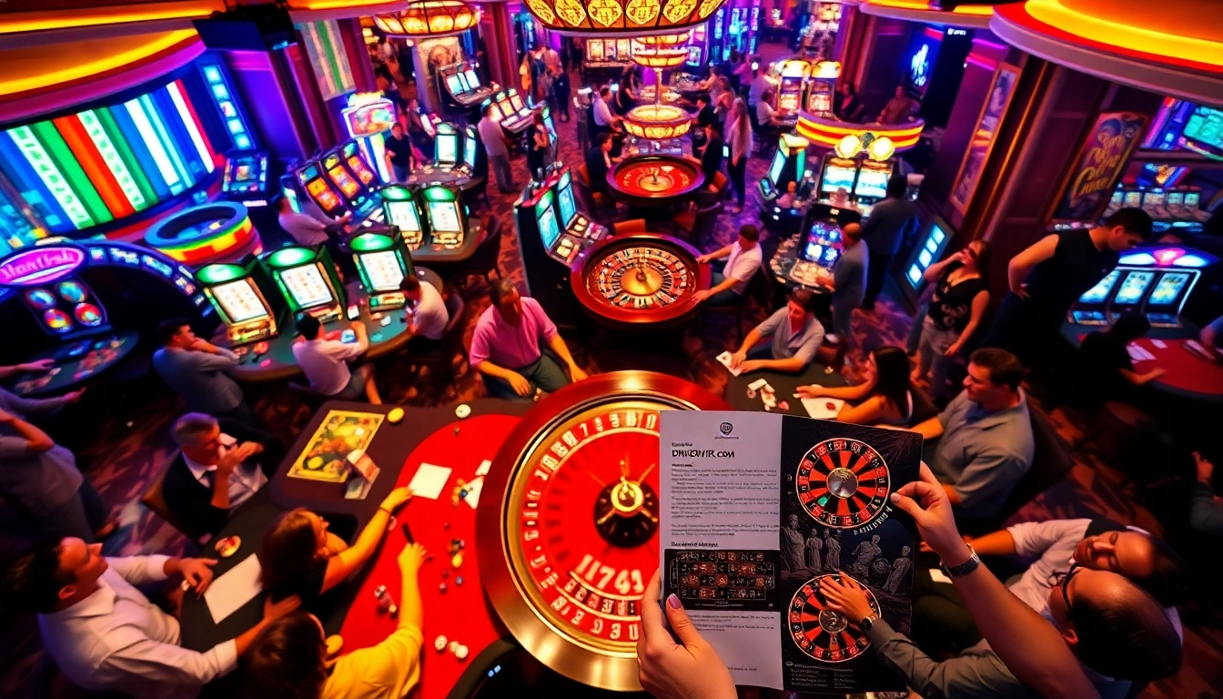 Players betting at vibrant tables in the casino at https://dh88vip.com/, surrounded by thrilling slot machines.