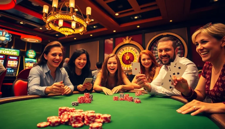 LC88 gaming experience with players engaged at a vibrant casino table, showcasing poker chips and cards in high stakes action.